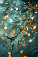 Poster - An olive branch intertwined with fairy lights, creating a soft, magical glow,