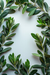 Poster - An artistic arrangement of multiple olive branches forming a circular pattern on a plain background,
