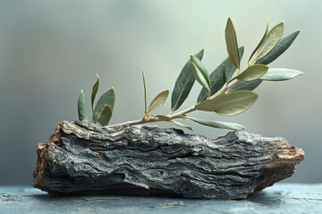 Poster - An olive branch resting on a piece of driftwood, with the textures contrasting each other,