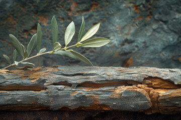 Poster - An olive branch resting on a piece of driftwood, with the textures contrasting each other,
