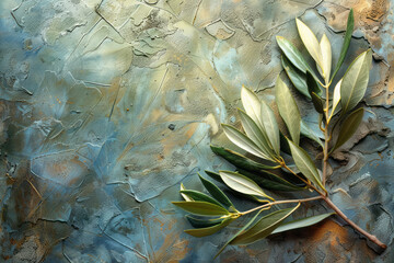 Fototapete - An olive branch placed diagonally across a textured canvas, creating a simple yet striking image,