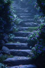 Leinwandbilder - An animation of a staircase with a character climbing up each step, each step representing a significant achievement or milestone,