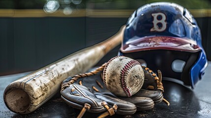 Wall Mural - baseball bat resting on a glove, with a ball in the foreground and a helmet in the background on a black surface