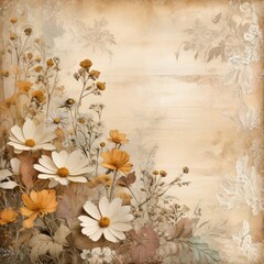 Wall Mural - Romantic vintage style floral aged paper background. Delicate flowers on weathered grungy texture.