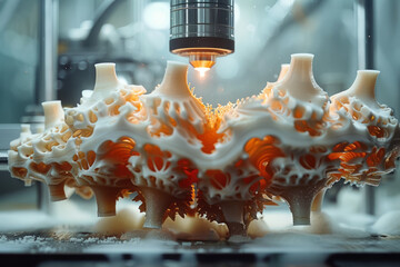 Poster - A sequence showing a 3D printer in action, creating a complex object layer by layer,