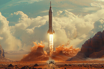 Poster - An animation of a space exploration mission, with a rocket launching and a rover exploring Mars,
