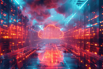 Poster - An animation of data packets traveling through a network to a cloud server, with a clear pathway,