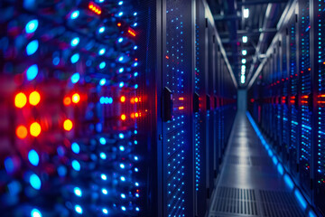 Poster - A close-up of a data center with rows of servers, each connected to the cloud,