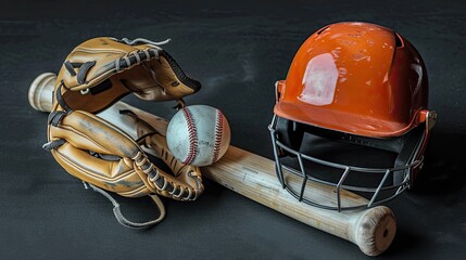 Wall Mural - batting helmet placed next to a glove holding a ball, with a bat lying across them on a black surface