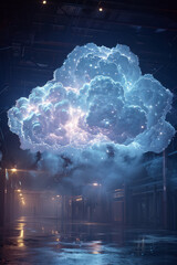 Poster - An animation of a cloud migration process, with data moving from on-premises servers to the cloud,