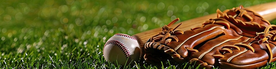 close-up shot of a baseball bat, glove, and ball on a vibrant green grass field, with plenty of room for an advertisement banner