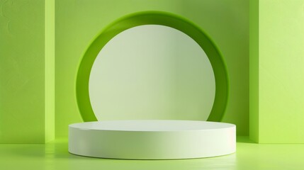 Poster - A green, minimalistic, abstract background features a round white podium centered under soft light, creating a modern vibe.