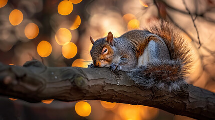 Wall Mural -   A squirrel perched on a treetop, against a blurred backdrop of city lights below