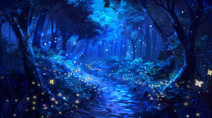 Poster - Enchanting depiction of a glowing starlit forest trail with shimmering blue and yellow lights