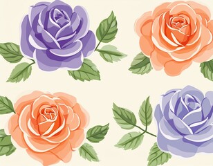 Wall Mural - Set of beautiful purple roses watercolor isolated on white background.  illustration