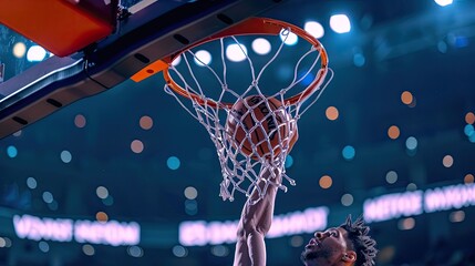 Close-up bottom view of a basketball player dunking, net and hoop in sharp focus with the arena's vibrant atmosphere