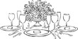 © Alarcon Studio - Ilustración vectorial de paisaje de mesa con copas y flores. Arte en líneas de mesa de cena. Dibujo a mano de mesa para diseño de invitaciones, branding papelería, imprimibles, redes sociales
