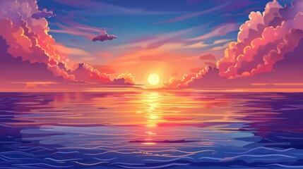 Beautiful sunset over the sea. Vector illustration in cartoon style