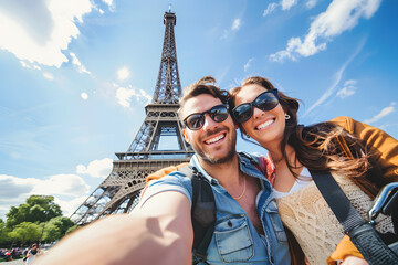 happy young couple in front of the eiffel tower