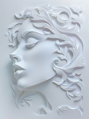 Wall Mural - woman, face, papercut, 3d, female, portrait, cut-out, design, art, paper, craft, texture, pattern, abstract, white