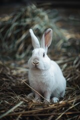 Wall Mural - A white rabbit perched on top of a stack of hay