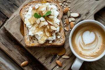 Poster - AI-generated illustration of a wooden table with coffee and toast on top