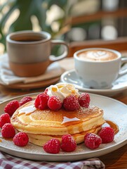 Poster - AI-generated illustration of a pancake topped with raspberries and syrup in a white cup on a plate