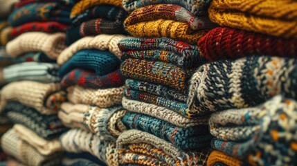 Wall Mural - Close-up view of a pile of sweaters stacked on top of each other, varied textures and colors