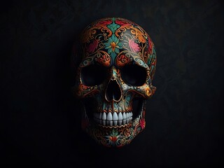 A colourful skull with intricate patterns and details, set against a dark and mysterious backdrop.