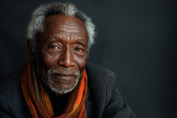 Wall Mural - Portrait of a senior black man with gray hair against plain grey background with copy space for ads