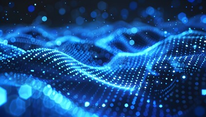 Poster - Abstract blue digital background with glowing dots waving, dark technology wallpaper for presentation or web design and mobile app
