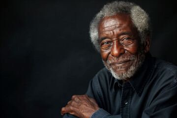 Wall Mural - Portrait of a smiling black man with grey hair against blank black background with copyspace for ads