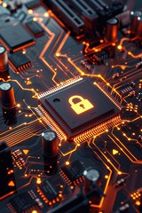 Poster - A close-up image of a circuit board featuring a padlock, suitable for use in technology and security related contexts