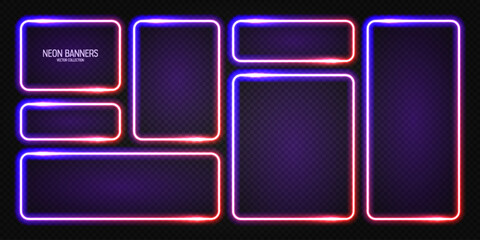 Wall Mural - glowing neon banners, illuminated colorful square frames. shiny vibrant border, glow effect. violet 
