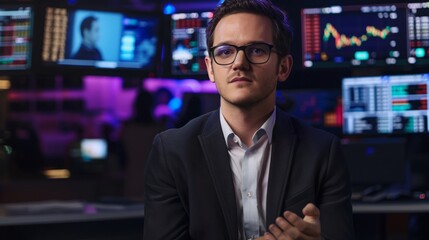 Poster - A man in a suit and glasses is sitting in front of multiple computer monitors, focused on his work.
