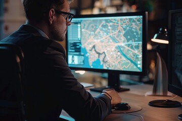 Poster - a person sitting at a desk with a computer, suitable for office or work-related concepts