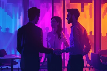 Wall Mural - Two individuals exchanging handshakes and perhaps sealing an agreement in a modern office setting