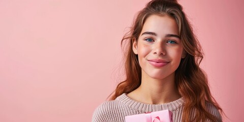 beautiful girl receiving or buying a gift wide banner with copy space, Generative AI