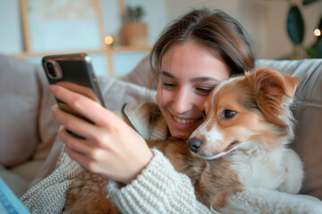 Smiling young woman snuggling to furry dog and taking selfie on smartphone