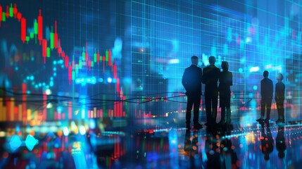 Poster - People looking at and discussing a stock market chart with graphs and numbers.