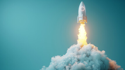 Poster - Rocket launching with a fiery trail against a blue backdrop