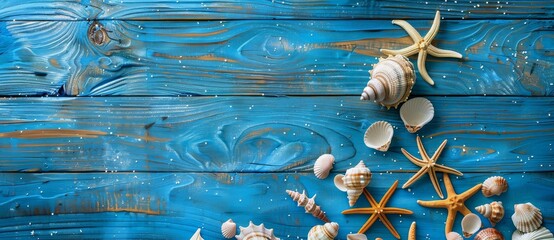 Wall Mural - A copy space image featuring seashells and starfish against a blue wooden background