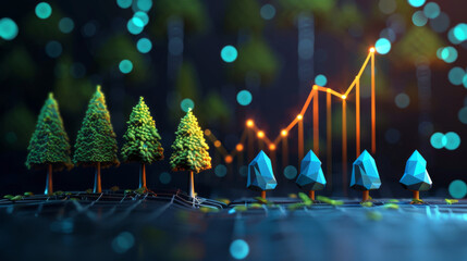 Poster - 3d rendering of trees and growth charts representing eco-investment and the advancement of green technology