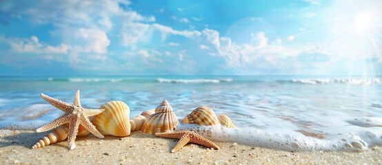Wall Mural - Seaside background with starfish shells adorned with a wooden surface makes a perfect copy room image