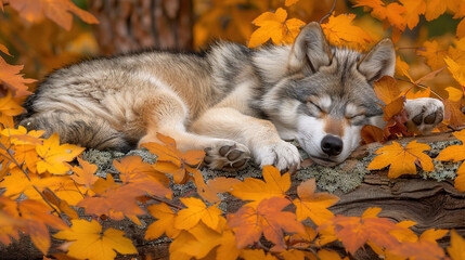 Poster -   A close-up of a dog resting on a tree branch, surrounded by leaves, with a tree in the background