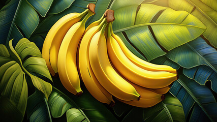 ripe bananas on a green banana leaf background