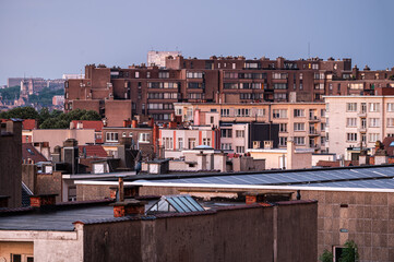 Panoramic cityscape view at sunset over residential Brussels, Belgium