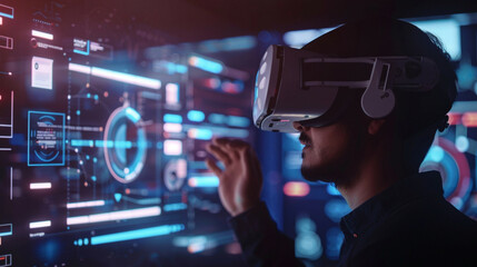 Virtual diagram showing website design businessman using VR screen for developing programming and coding technologies cyber security and internet networking concept 
