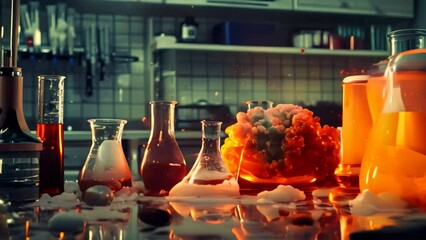 Poster - Beakers filled with various colored liquids in a laboratory setting, A science experiment gone wrong, with beakers and test tubes scattered across the lab table