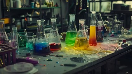 Poster - Multiple test tubes filled with liquid on a table, potentially part of a science experiment, A science experiment gone wrong, with beakers and test tubes scattered across the lab table
